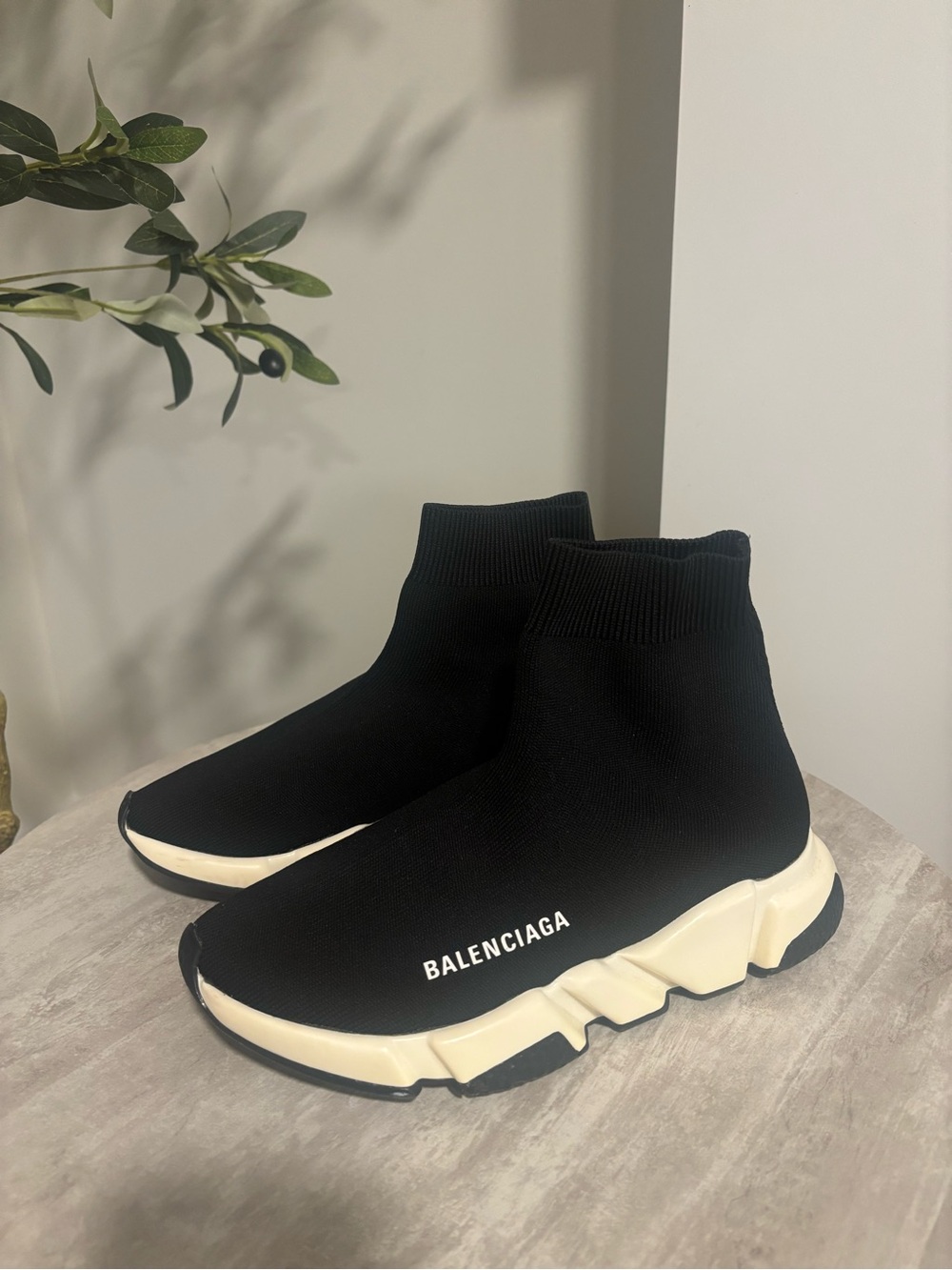 Balenciaga Black Sock Sneaker with Cream Sole and Logo